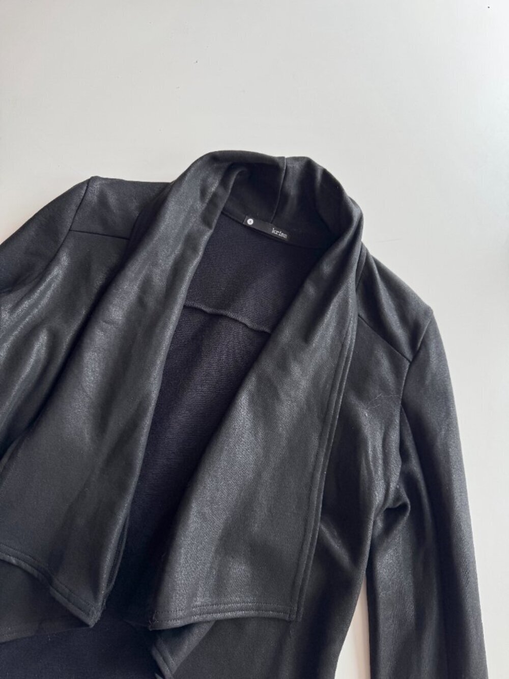 KRISA Black Coated Terry Faux Leather Open Drape Front Moto Jacket, Size S - Picture 9 of 16